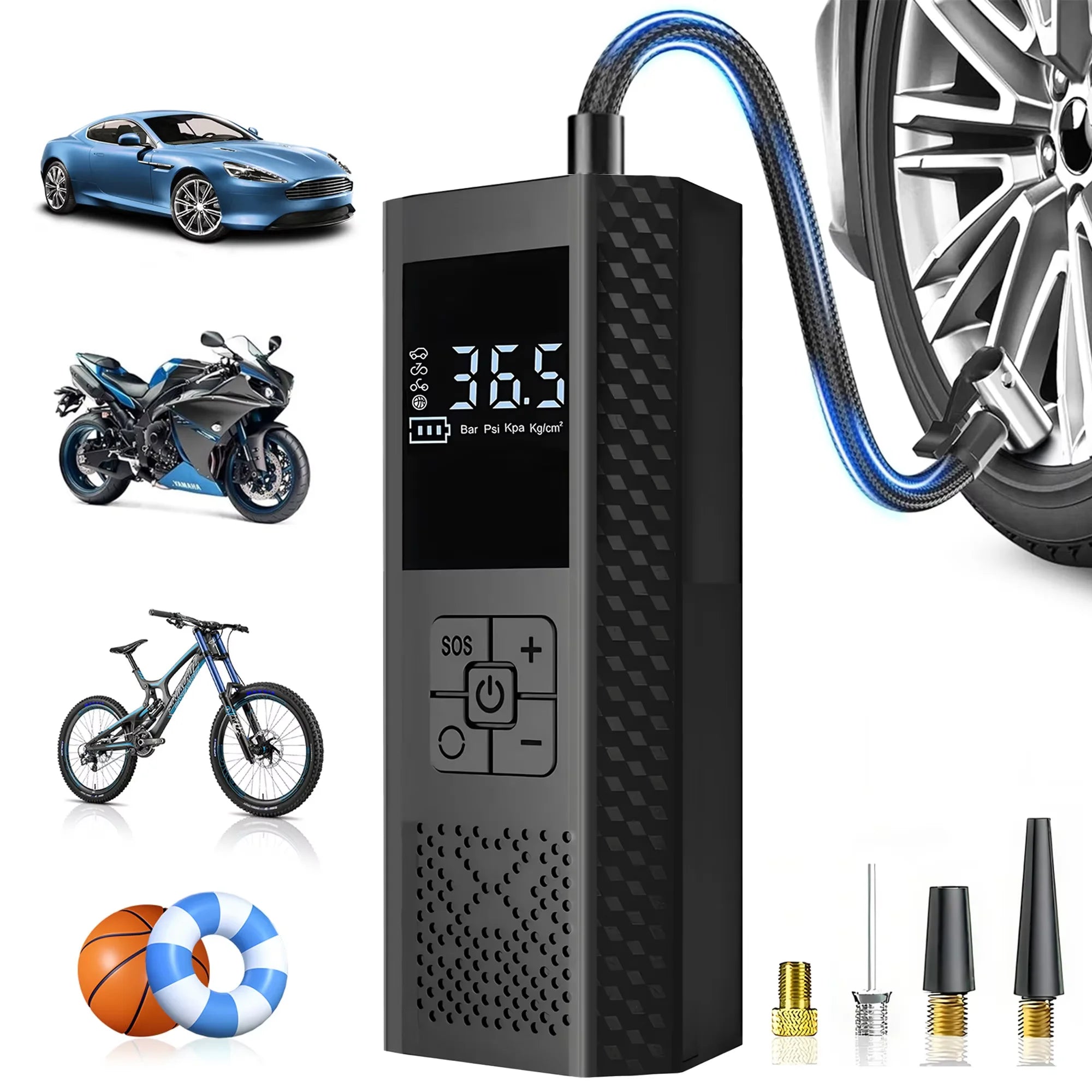 Sleek wireless car air pump with a digital display showing 150PSI pressure level.