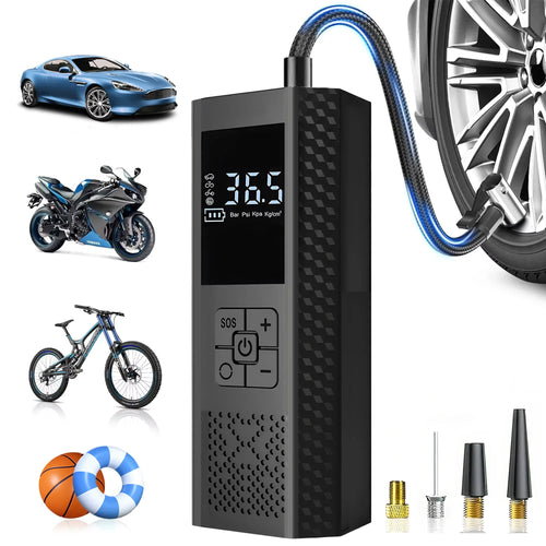 Sleek wireless car air pump with a digital display showing 150PSI pressure level.