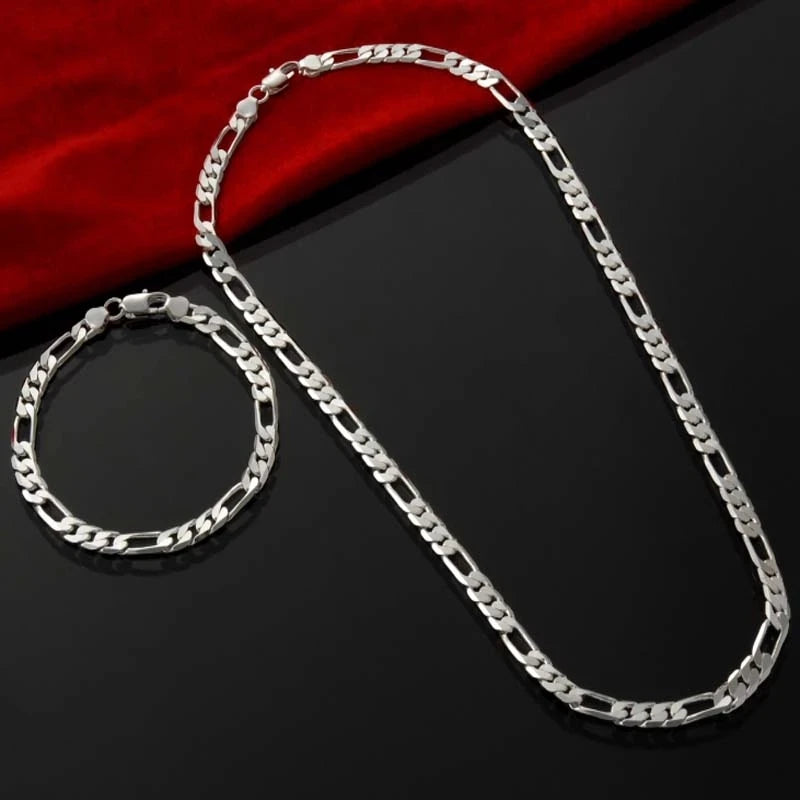 Noble 925 Sterling Silver 4mm Chain Necklace and Bracelet Jewelry Set