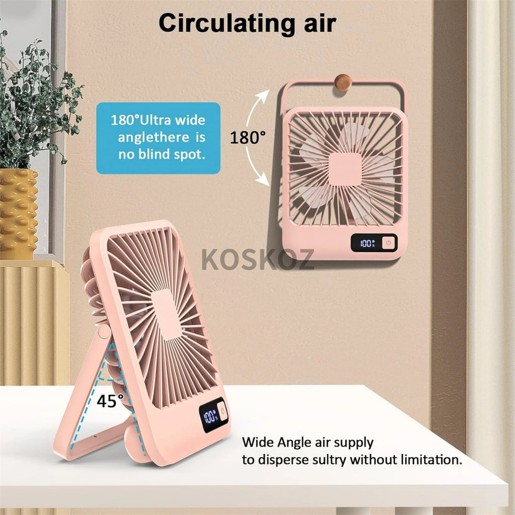Desk Fan, Portable USB Rechargeable Fan, 180° Tilt Folding Personal Fan With Power Display, 5 Speeds Ultra Quiet Table Fan
