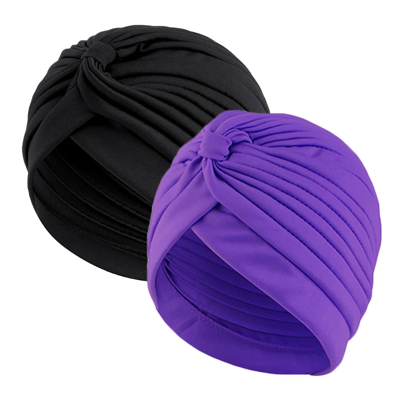 2pcs/lot Stretch Turbans Head Beanie Cover Twisted Pleated Headwrap Assorted Colors Hair Cover Beanie Hats for Women Girls