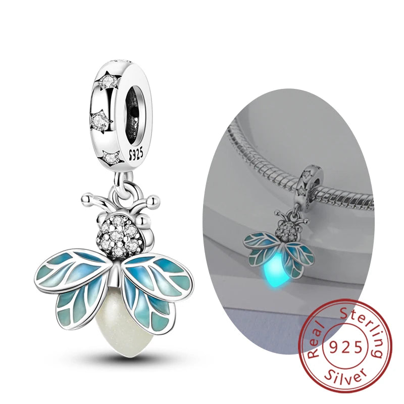 Original 925 Sterling Silver Charm Beads Glowing Luminous Firefly Butterfly Pendant for Bracelet Charm Jewelry