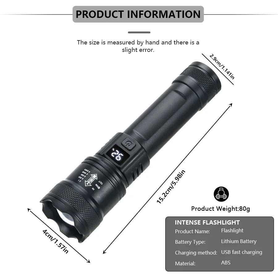 High-Power 2000LM Tactical LED Flashlight with Digital Display