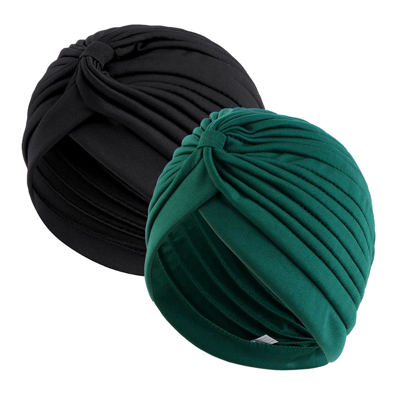 2pcs/lot Stretch Turbans Head Beanie Cover Twisted Pleated Headwrap Assorted Colors Hair Cover Beanie Hats for Women Girls