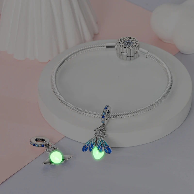 Original 925 Sterling Silver Charm Beads Glowing Luminous Firefly Butterfly Pendant for Bracelet Charm Jewelry