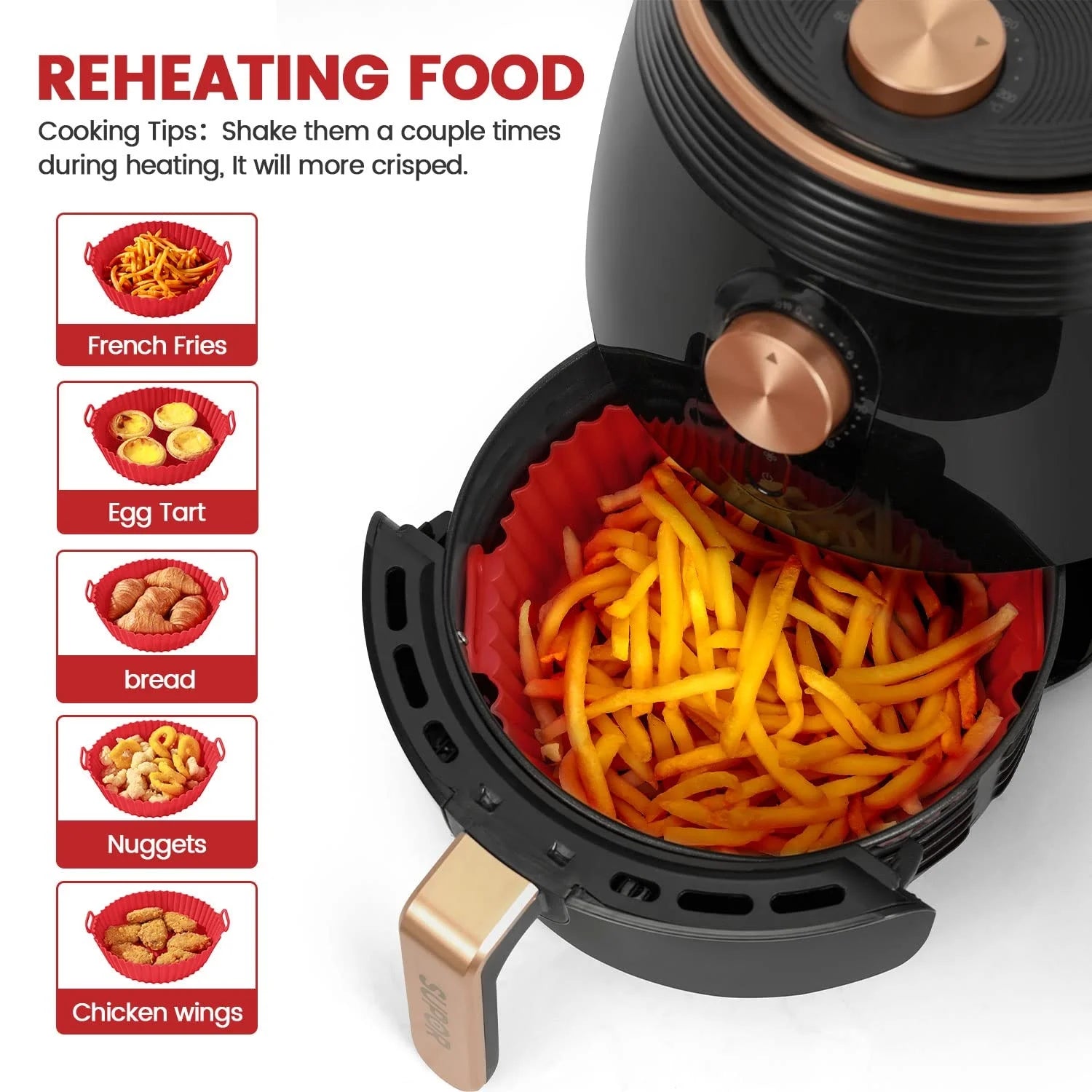 6 PC Air Fryer Mats - 450°F Silicone Non-Stick Dual Texture Dishwasher Safe Crispy/Steam Cooking