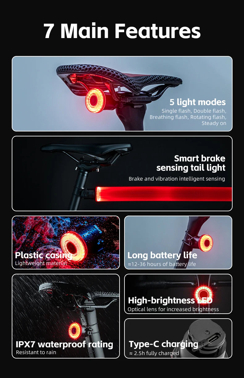 Smart Bike Tail Light Bicycle Rear Lights IPX6 Waterproof Bike Lights for Night Riding with Type C Rechargeable