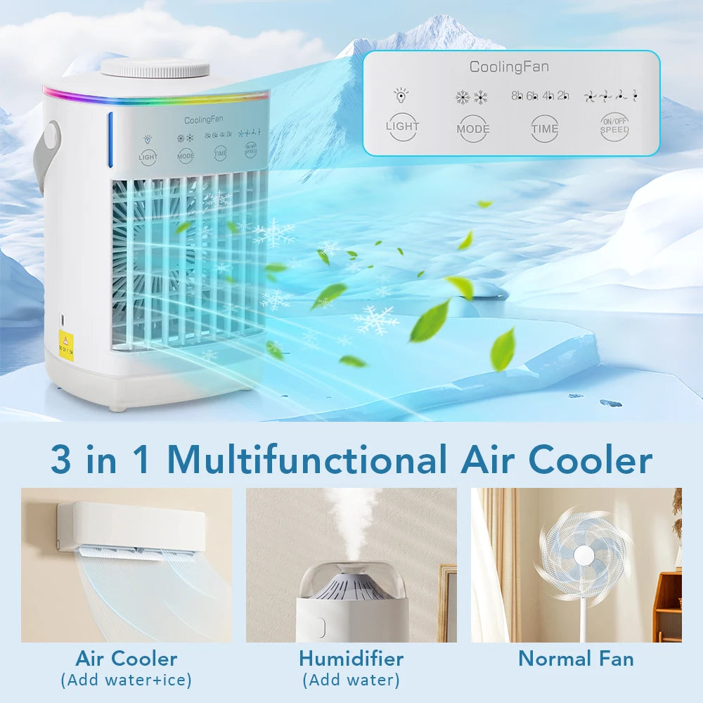 Portable Desktop Air Cooler with Dual Ultrasonic Mist, Activated Carbon Filter & 4-Speed Timer – USB Rechargeable