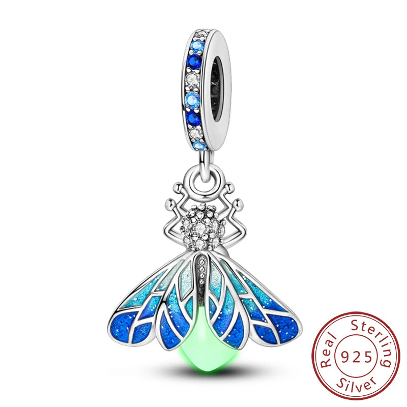 Original 925 Sterling Silver Charm Beads Glowing Luminous Firefly Butterfly Pendant for Bracelet Charm Jewelry
