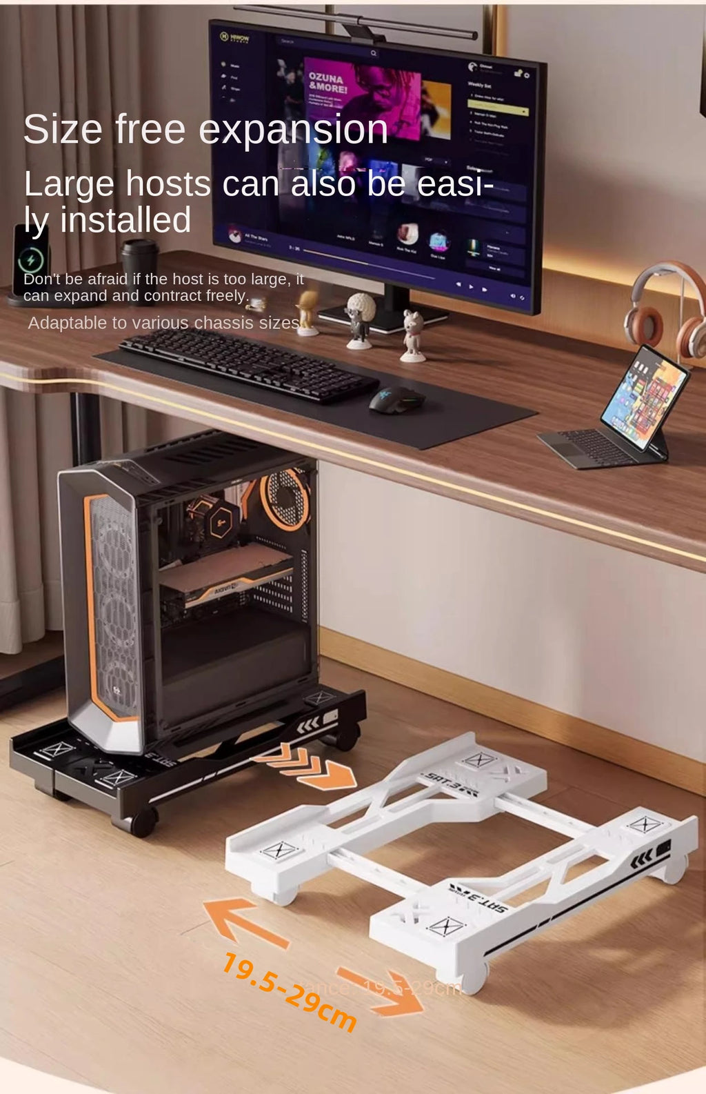 CPU Stand Adjustable Bracket PC Holder Cart Mobile Computer Tower Stand with Rolling Caster Wheels Adjustable Desktop Stand