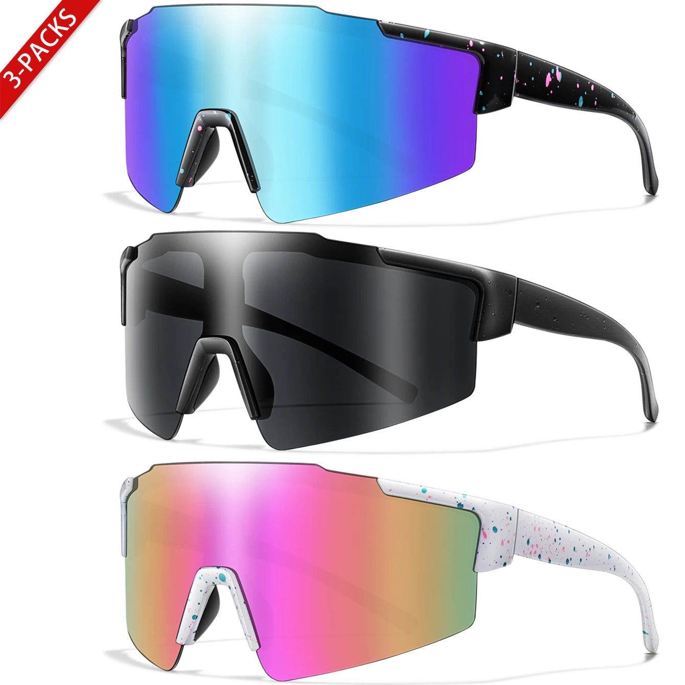 3 Pairs Fishing Sunglasses Sports Men Women Bike Glasses Cycling Mtb Bicycle Eyewear Large Windproof Goggles UV400