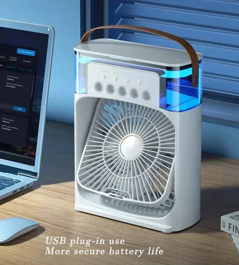 6-Speed Desktop Air Cooler Fan with Humidifier, Water Mist Spray & LED Night Light – USB Rechargeable, 4 Colors