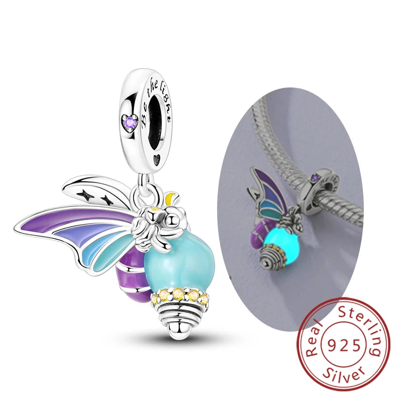 Original 925 Sterling Silver Charm Beads Glowing Luminous Firefly Butterfly Pendant for Bracelet Charm Jewelry