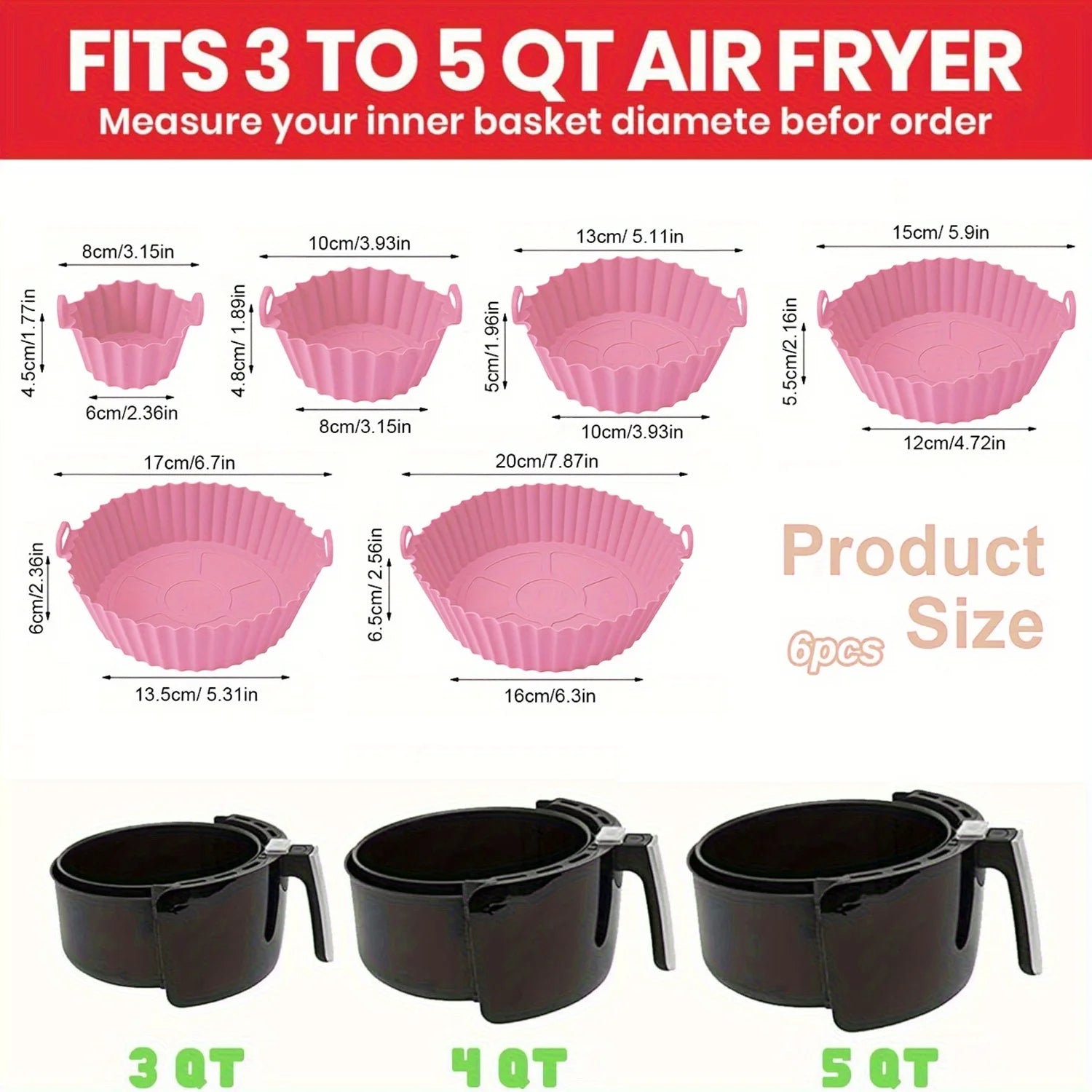 6 PC Air Fryer Mats - 450°F Silicone Non-Stick Dual Texture Dishwasher Safe Crispy/Steam Cooking