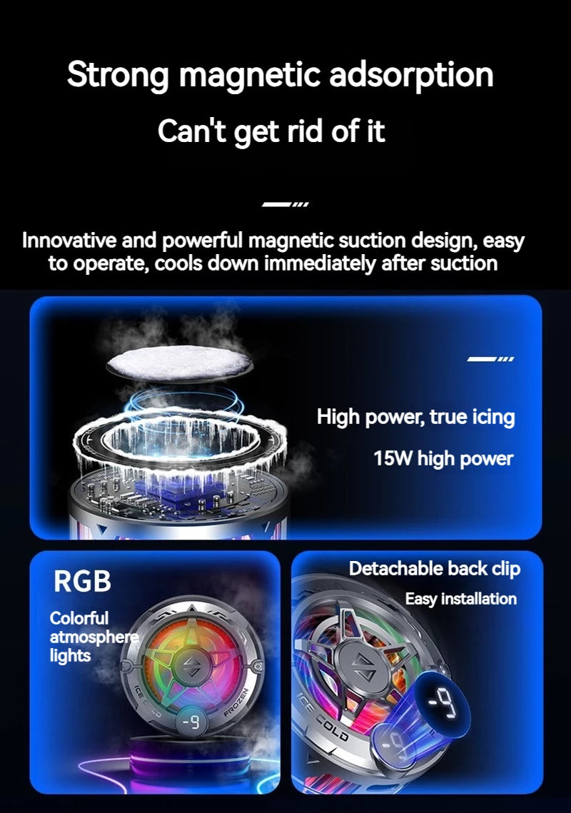 Universal Phone Cooler for Gaming, Magnetic Semiconductor Cooling Fan with Digital Display RGB Lights