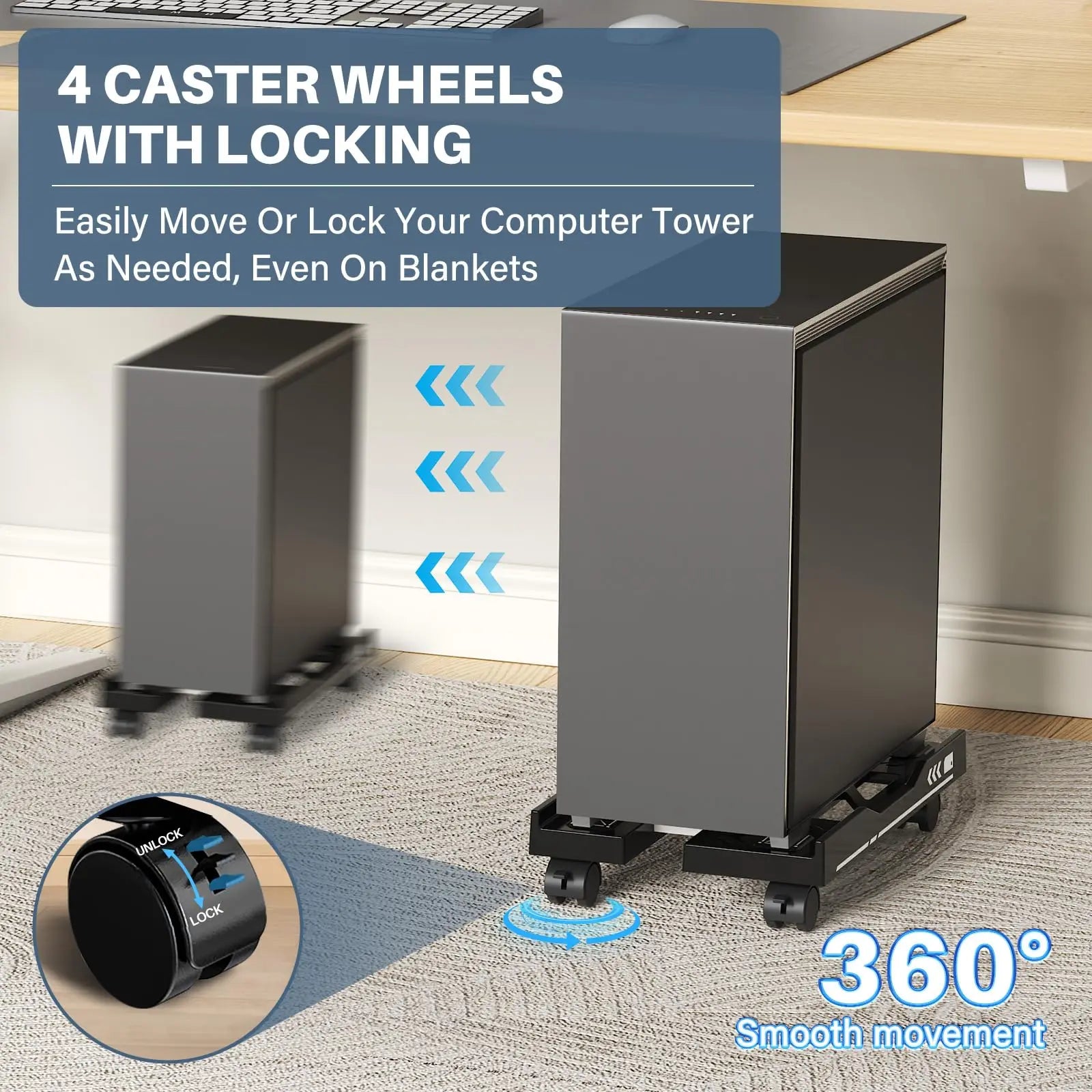 CPU Stand Adjustable Bracket PC Holder Cart Mobile Computer Tower Stand with Rolling Caster Wheels Adjustable Desktop Stand