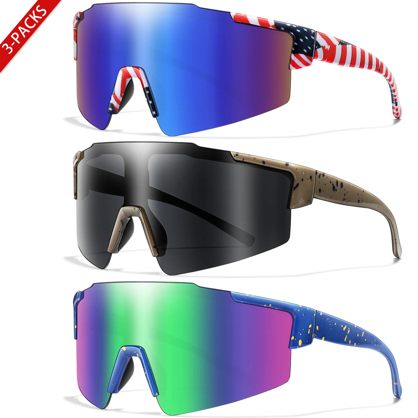 3 Pairs Fishing Sunglasses Sports Men Women Bike Glasses Cycling Mtb Bicycle Eyewear Large Windproof Goggles UV400