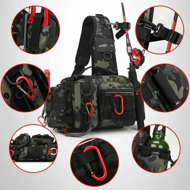 Large Capacity Fishing Gear Bag With bait box One Shoulder / Waist Bag / Crossbody Three-in-One Fishing Rod Storage Bag