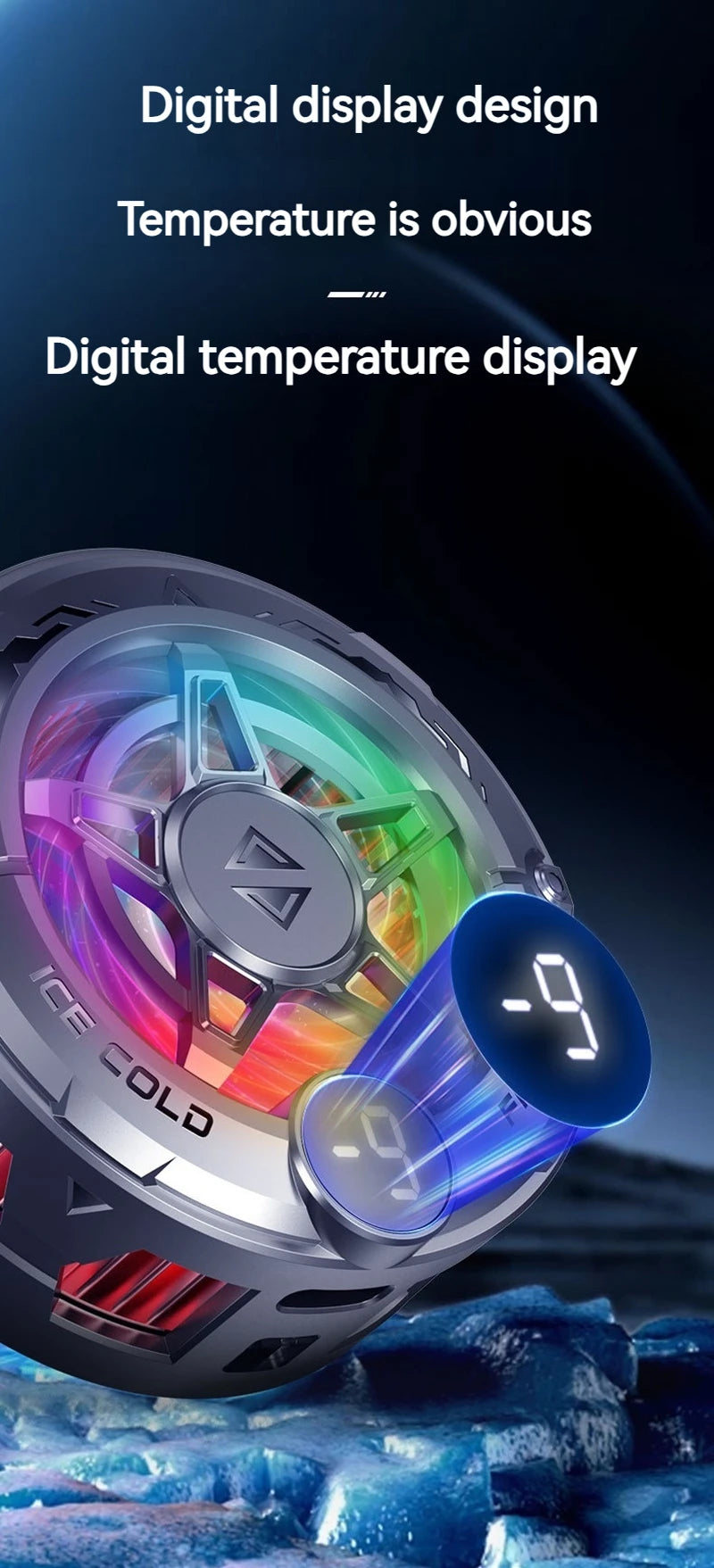 Universal Phone Cooler for Gaming, Magnetic Semiconductor Cooling Fan with Digital Display RGB Lights