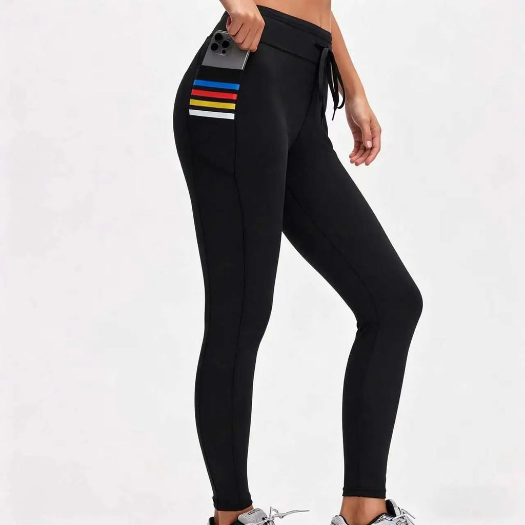 Women's Sports Casual Pants with Pocket Print Design, Drawstring Waist Adjustment, and High Elasticity for Butt-Lifting