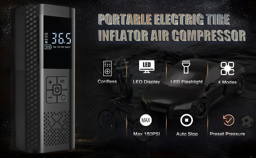 Wireless Car Air Pump 150PSI Electric Tire Inflator Portable Air Compressor for Motorcycle Bike Car Tires And Balls