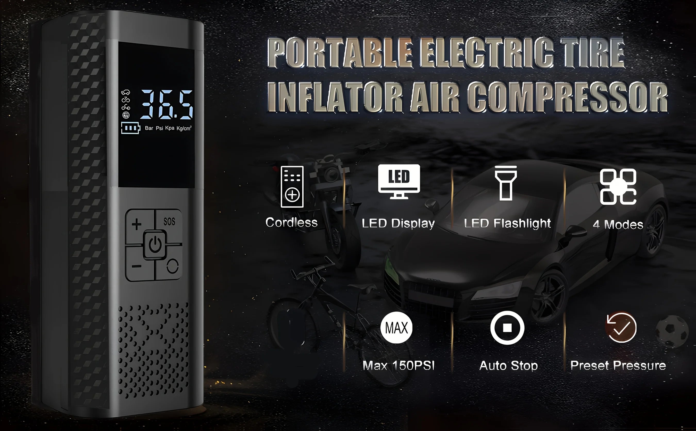 Wireless Car Air Pump 150PSI Electric Tire Inflator Portable Air Compressor for Motorcycle Bike Car Tires And Balls