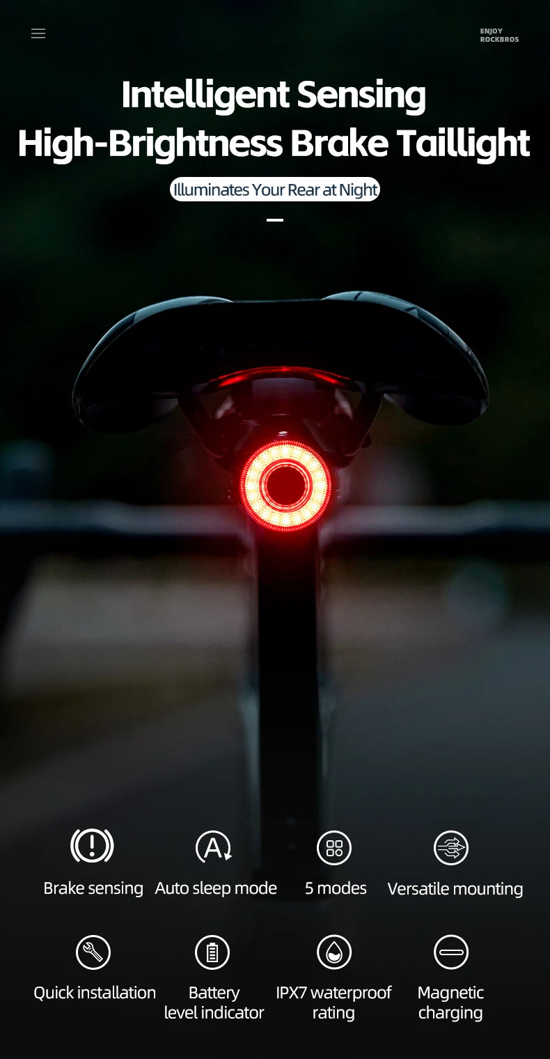 Smart Bike Tail Light Bicycle Rear Lights IPX6 Waterproof Bike Lights for Night Riding with Type C Rechargeable
