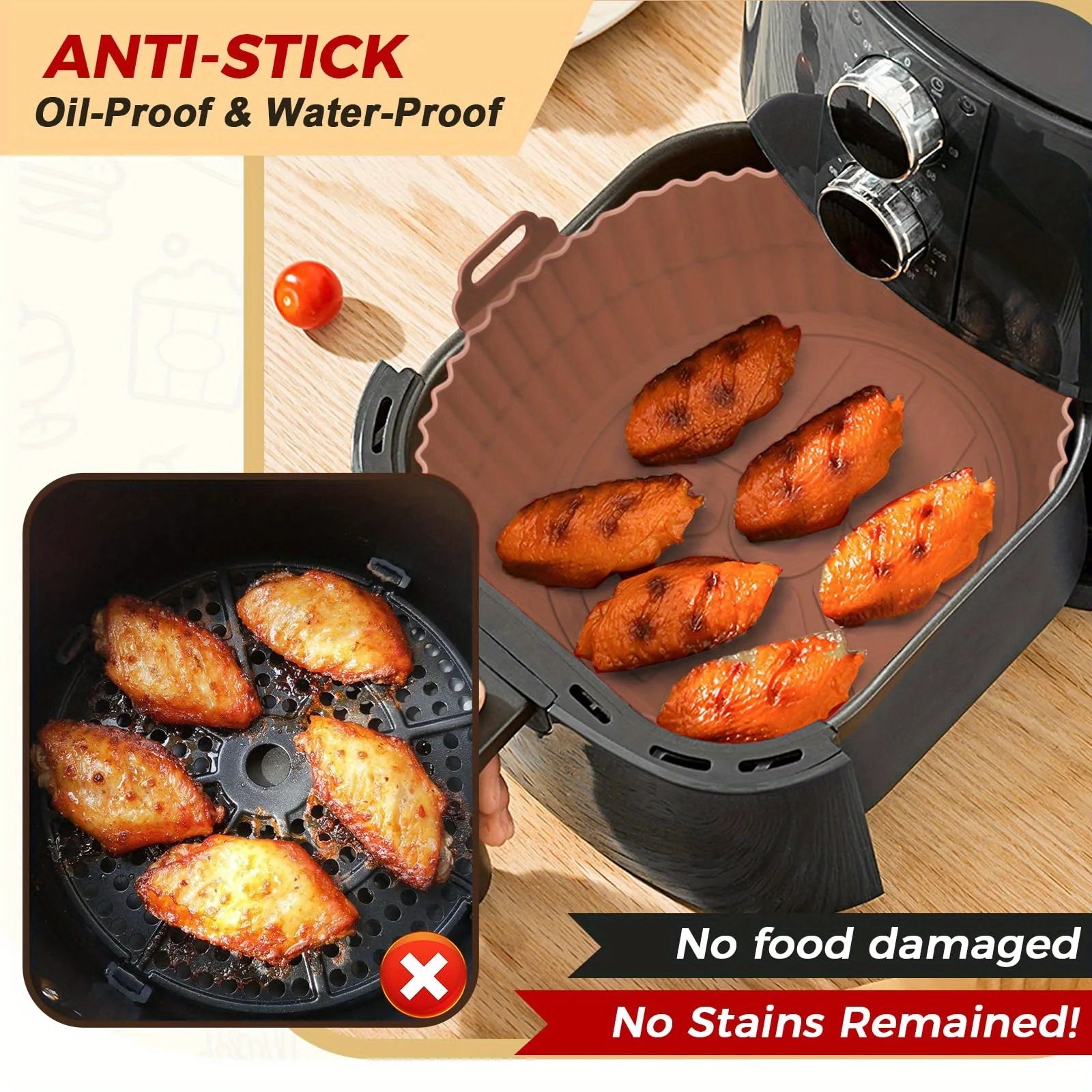 6 PC Air Fryer Mats - 450°F Silicone Non-Stick Dual Texture Dishwasher Safe Crispy/Steam Cooking
