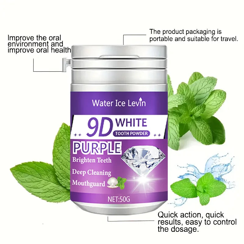 9D White Tooth Powder. Purple Brightening Formula. Apply Brush 2-3 Minutes Daily. Whitens Cleans Teeth. Fresh Breath.