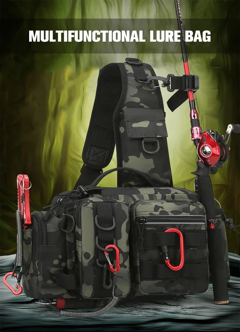 Large Capacity Fishing Gear Bag With bait box One Shoulder / Waist Bag / Crossbody Three-in-One Fishing Rod Storage Bag