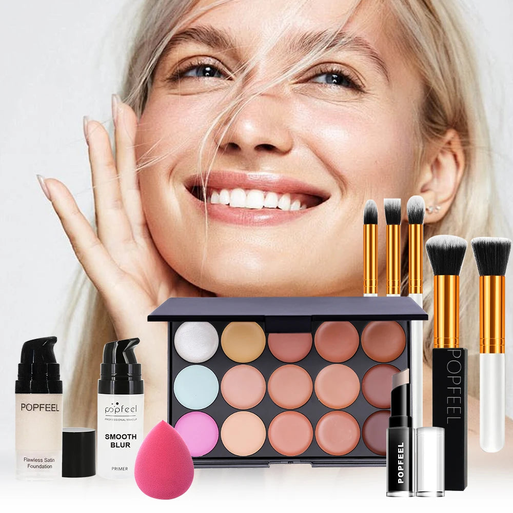 Makeup Kit, Waterproof and Sweatproof, Includes Concealer, Primer, Loose Powder, Blush, and More, Ideal for Beginne