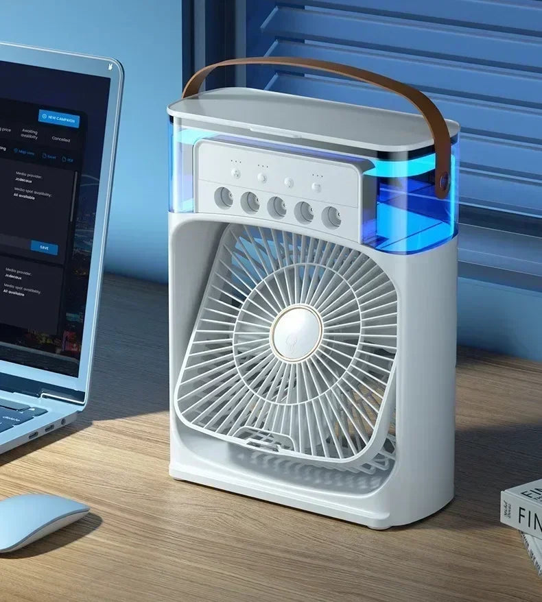 3-in-1 Portable Mini Air Cooler Fan – Desktop Humidifier & LED Night Light, USB Powered