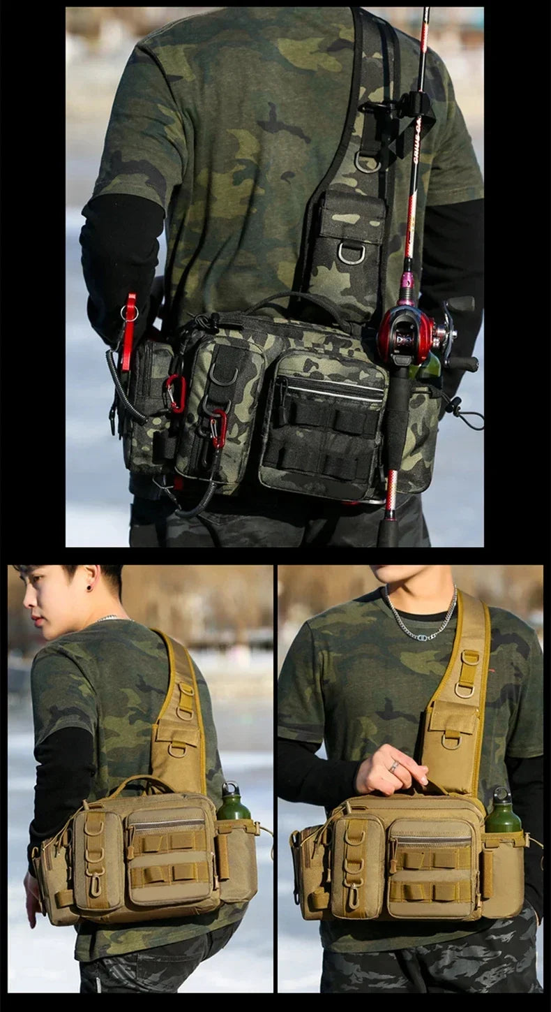 Large Capacity Fishing Gear Bag With bait box One Shoulder / Waist Bag / Crossbody Three-in-One Fishing Rod Storage Bag