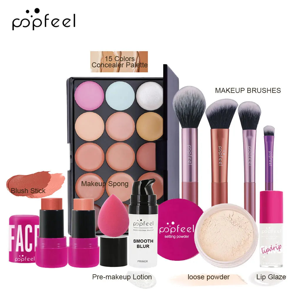Makeup Kit, Waterproof and Sweatproof, Includes Concealer, Primer, Loose Powder, Blush, and More, Ideal for Beginne