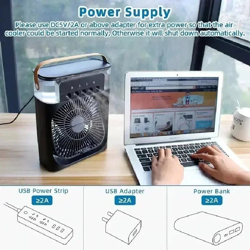 3-in-1 Tower Air Cooler Fan with Humidifier & 7-Color LED Night Light – USB Powered, 600ml, Ultra Quiet