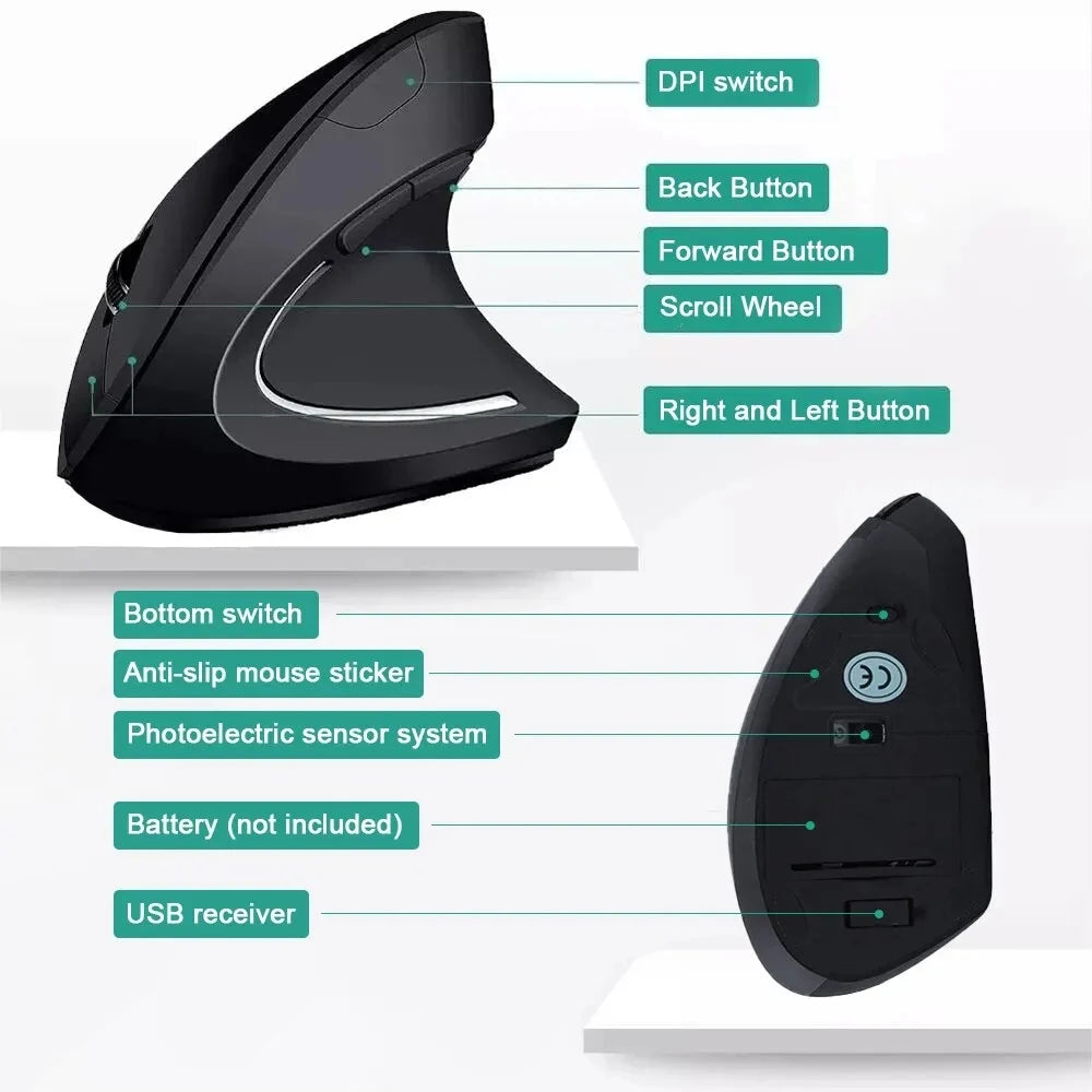 Vertical Mouse Ergonomic 2.4GHz Wireless Optical Mice 3 Adjustable DPI 800/1200/1600 6 Buttons for Laptop PC Computer