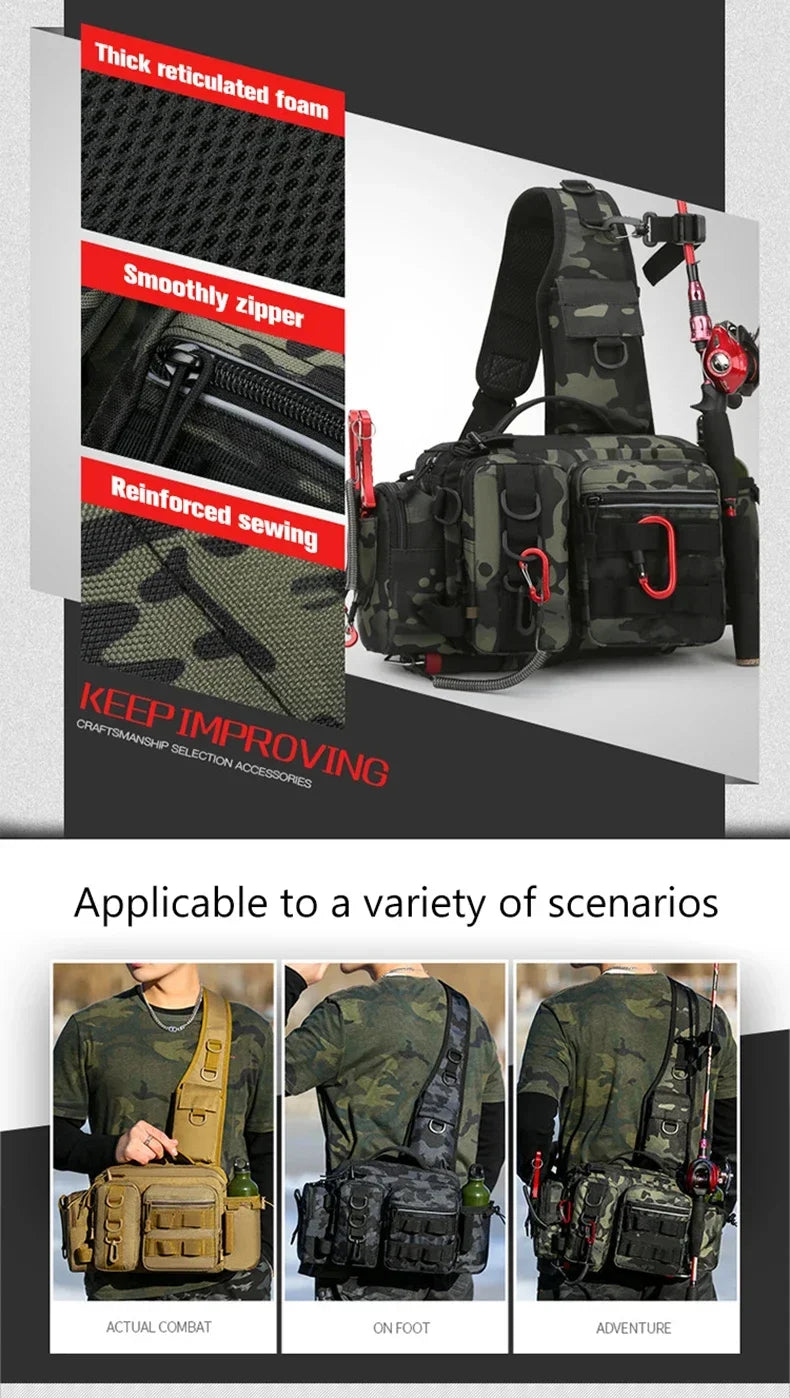 Large Capacity Fishing Gear Bag With bait box One Shoulder / Waist Bag / Crossbody Three-in-One Fishing Rod Storage Bag