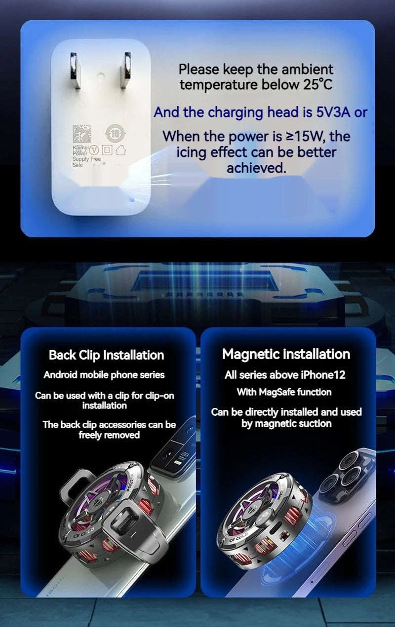 Universal Phone Cooler for Gaming, Magnetic Semiconductor Cooling Fan with Digital Display RGB Lights