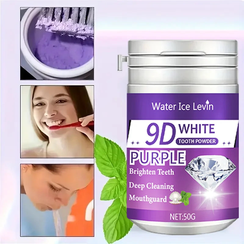 9D White Tooth Powder. Purple Brightening Formula. Apply Brush 2-3 Minutes Daily. Whitens Cleans Teeth. Fresh Breath.