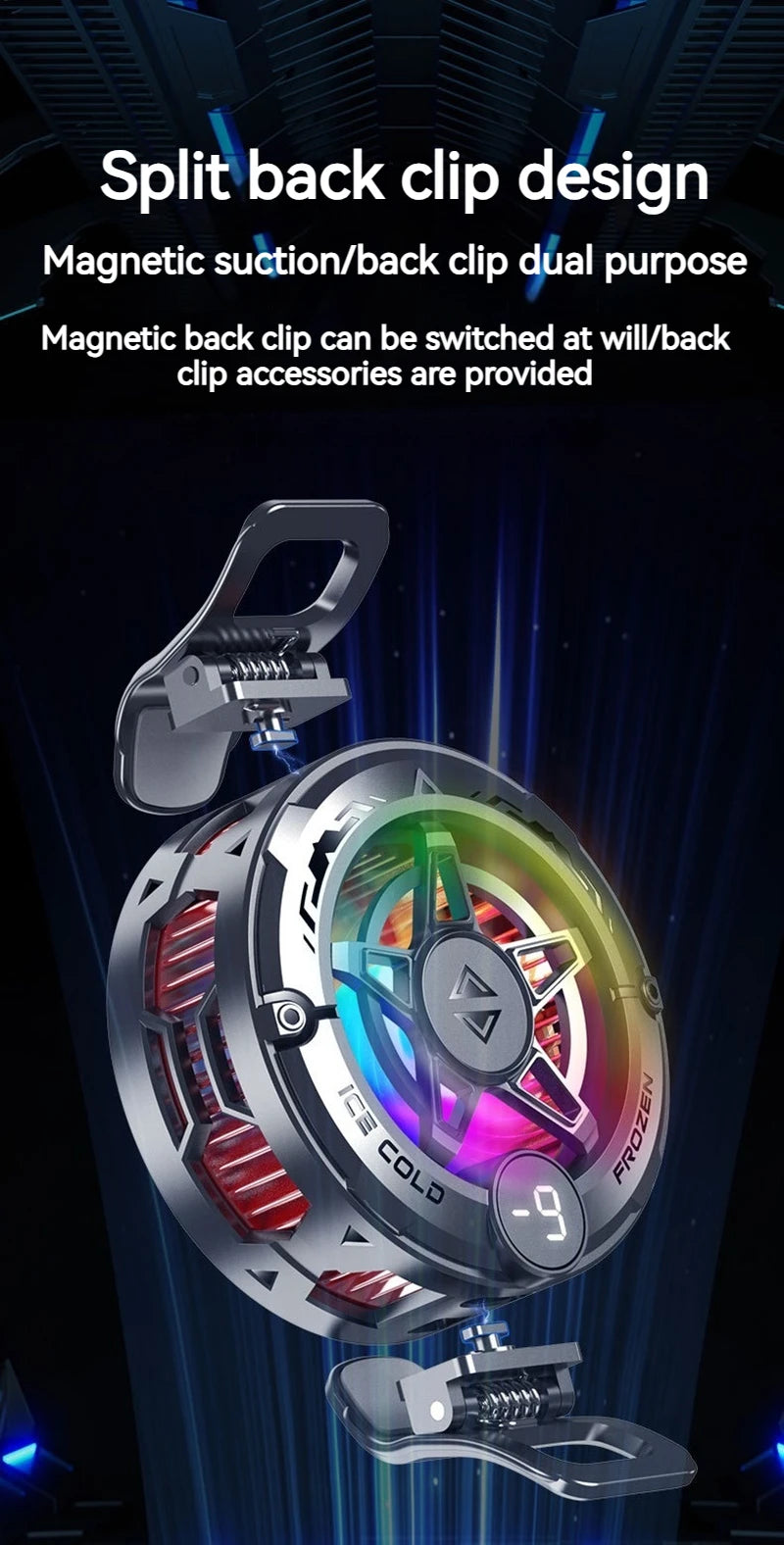 Universal Phone Cooler for Gaming, Magnetic Semiconductor Cooling Fan with Digital Display RGB Lights
