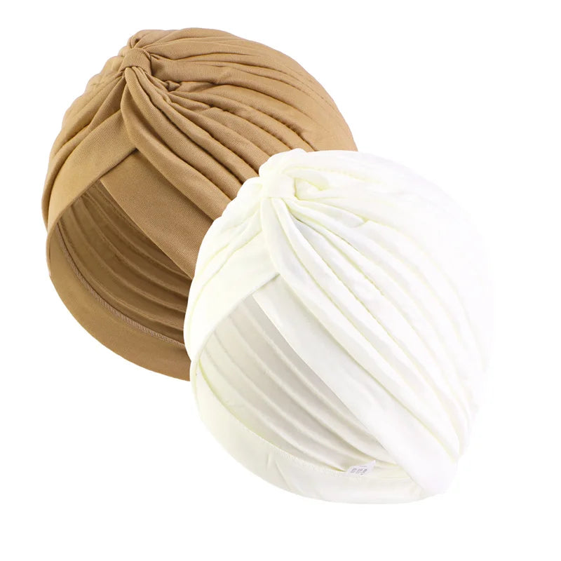 2pcs/lot Stretch Turbans Head Beanie Cover Twisted Pleated Headwrap Assorted Colors Hair Cover Beanie Hats for Women Girls