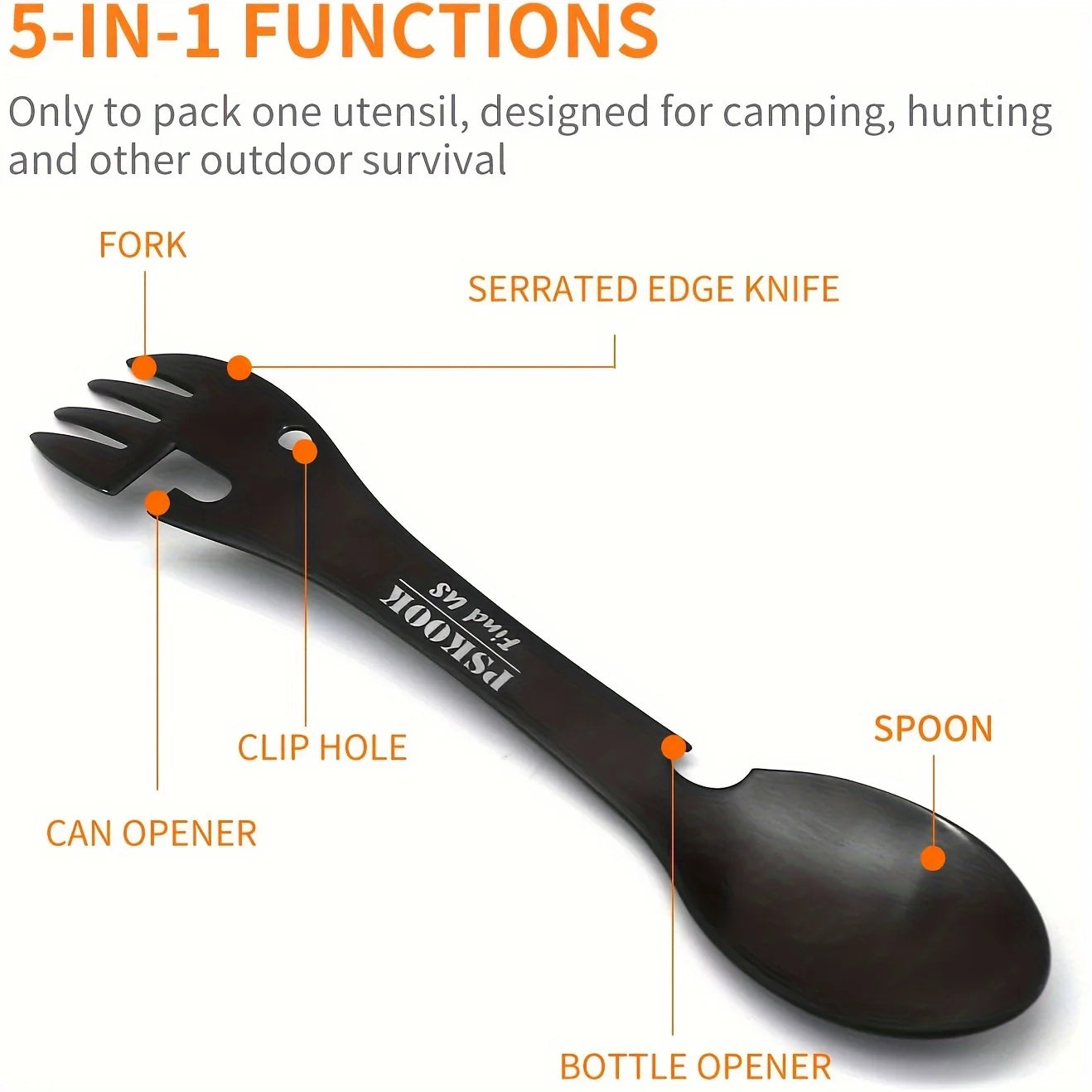 Outdoor Survival Tools 5 in 1 Camping Multi-functional EDC Kit Practical Fork Knife Spoon Bottle/Can Opener