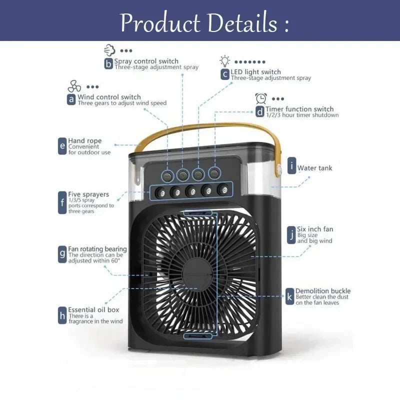 3-in-1 Tower Air Cooler Fan with Humidifier & 7-Color LED Night Light – USB Powered, 600ml, Ultra Quiet