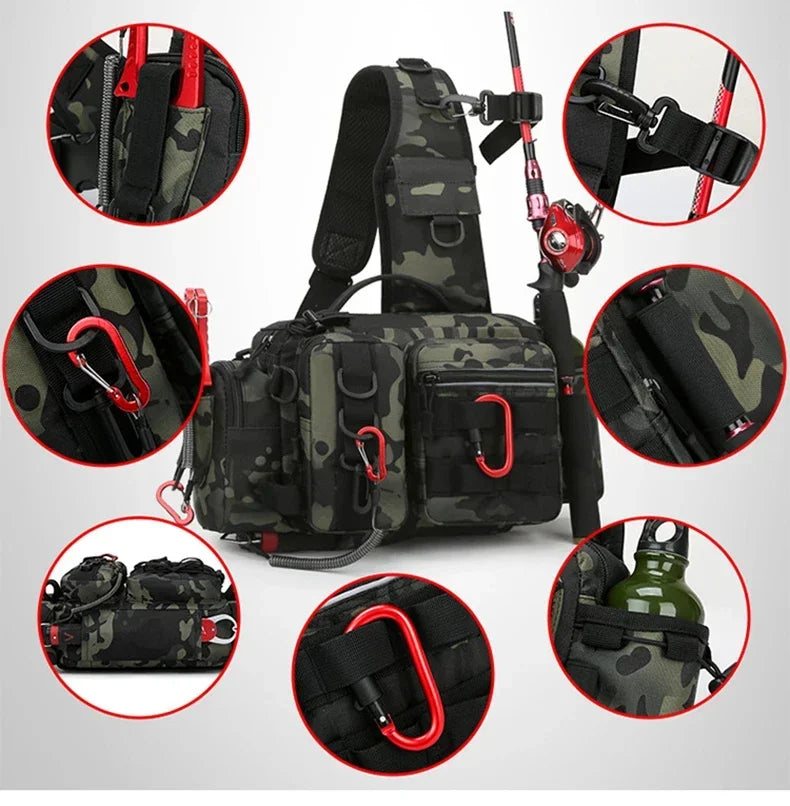 Large Capacity Fishing Gear Bag With bait box One Shoulder / Waist Bag / Crossbody Three-in-One Fishing Rod Storage Bag