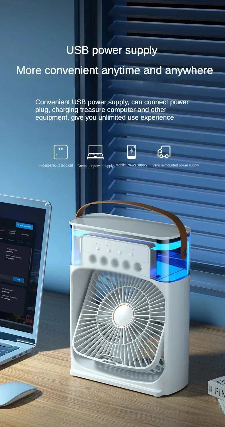 6-Speed Desktop Air Cooler Fan with Humidifier, Water Mist Spray & LED Night Light – USB Rechargeable, 4 Colors