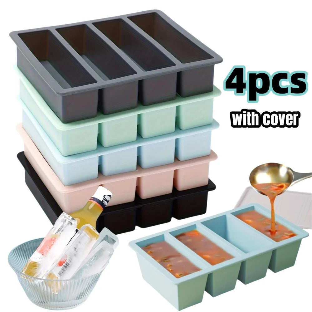 1/4 pcs Large Rectangular Ice Cube Mold Set with Lid Stackable Freezer Trays for Bottles Beverages Long Cubes Mould Kitchen Items