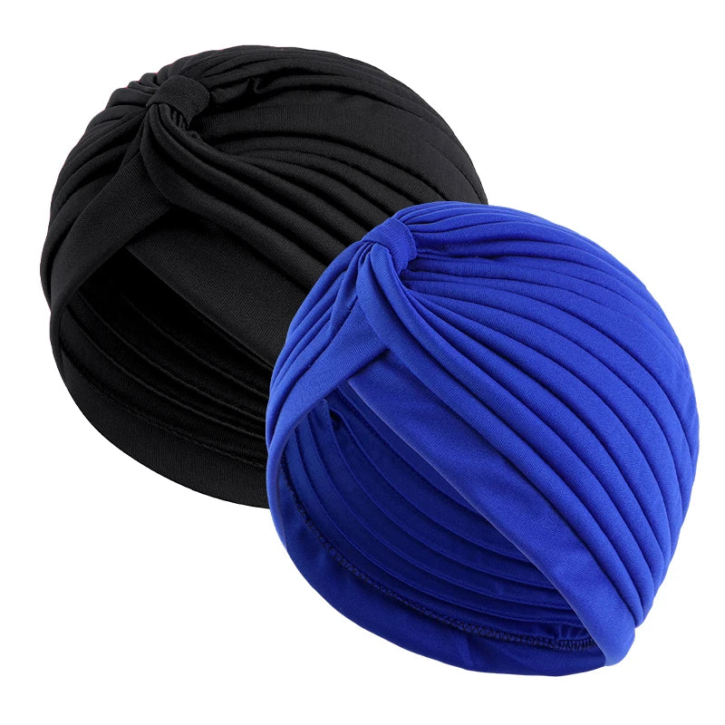 2pcs/lot Stretch Turbans Head Beanie Cover Twisted Pleated Headwrap Assorted Colors Hair Cover Beanie Hats for Women Girls