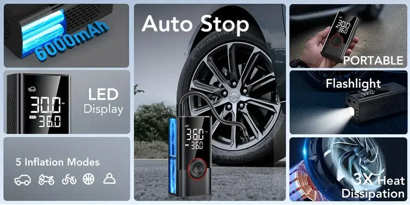 LEIBOO 150PSI Smart Air Pump Tire Inflator Portable Air Compressor with Digital Pressure Gauge for Car Bike Motorcycle Ball
