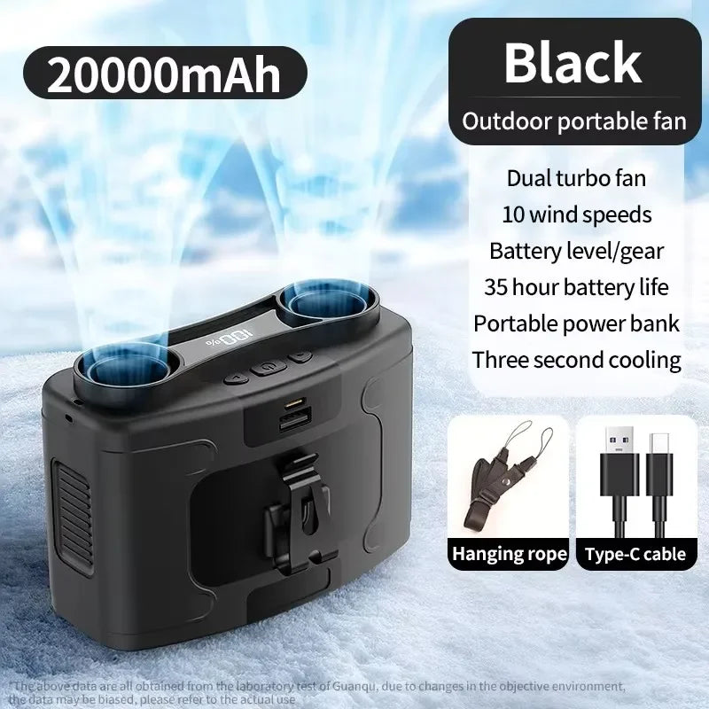 20000mAh Outdoor Portable Waist Fan Hanging Neck Fan 5 Speed Strong Wind for Sports Courier Outdoor Working