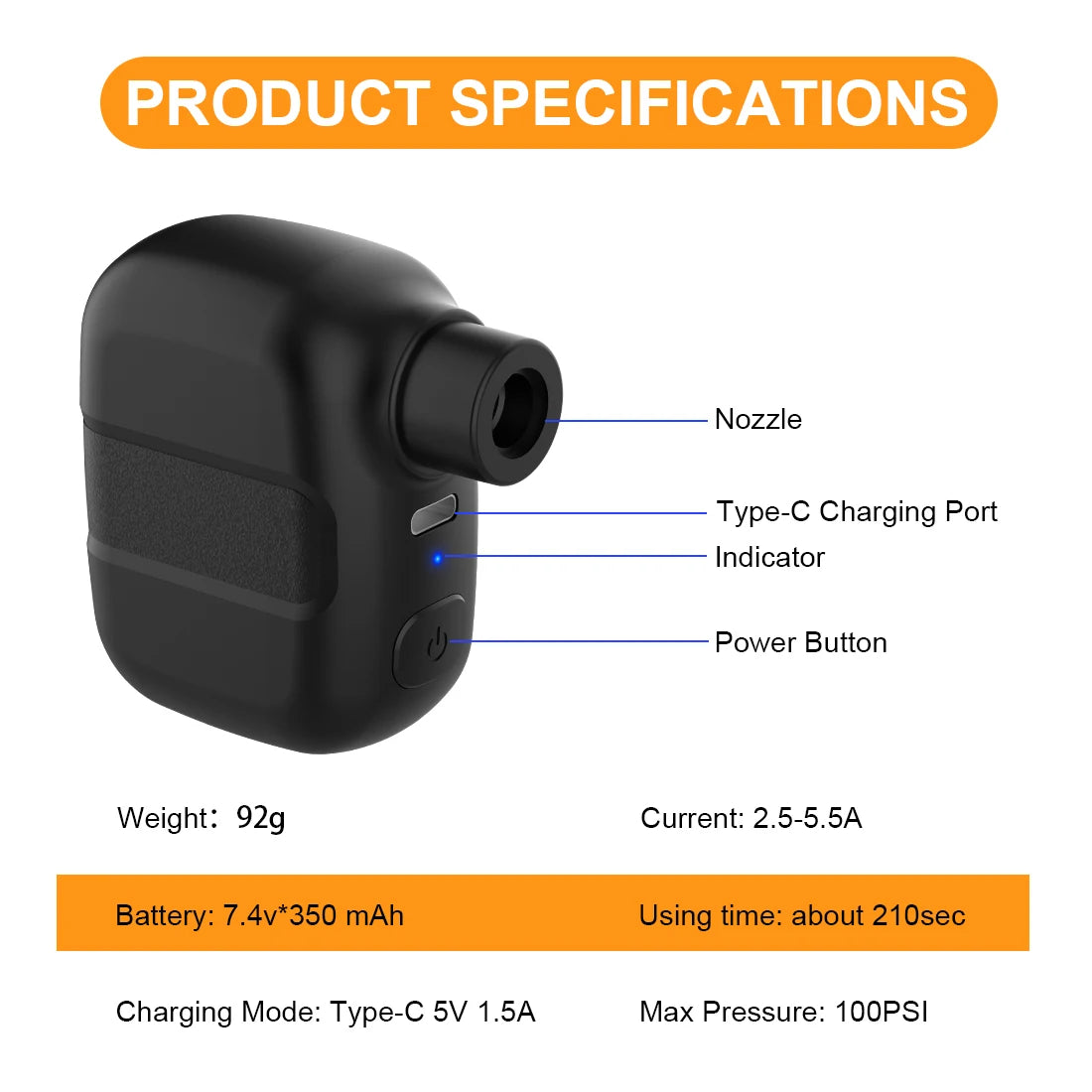 Mini Portable Bicycle Pump Rechargeable Electric Air Inflator 100PSI 5V Type-C Bike Accessories for Bike Schrader Presta Tires.